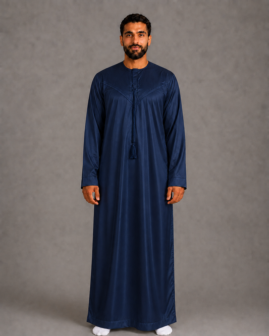 Silky navy men's jubba thobe – full-length low-shine view