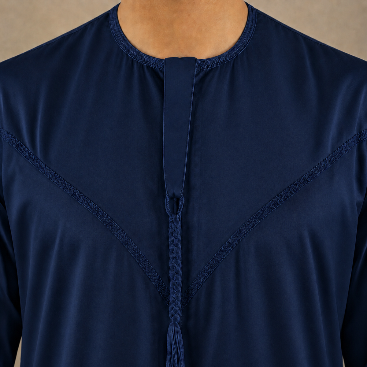 Silky navy men's jubba thobe – removable tassel neckline