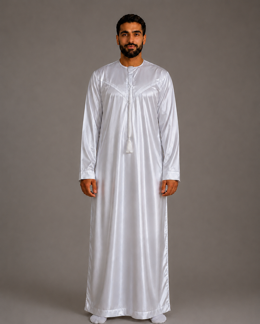 Silky white men's jubba thobe – full-length studio view