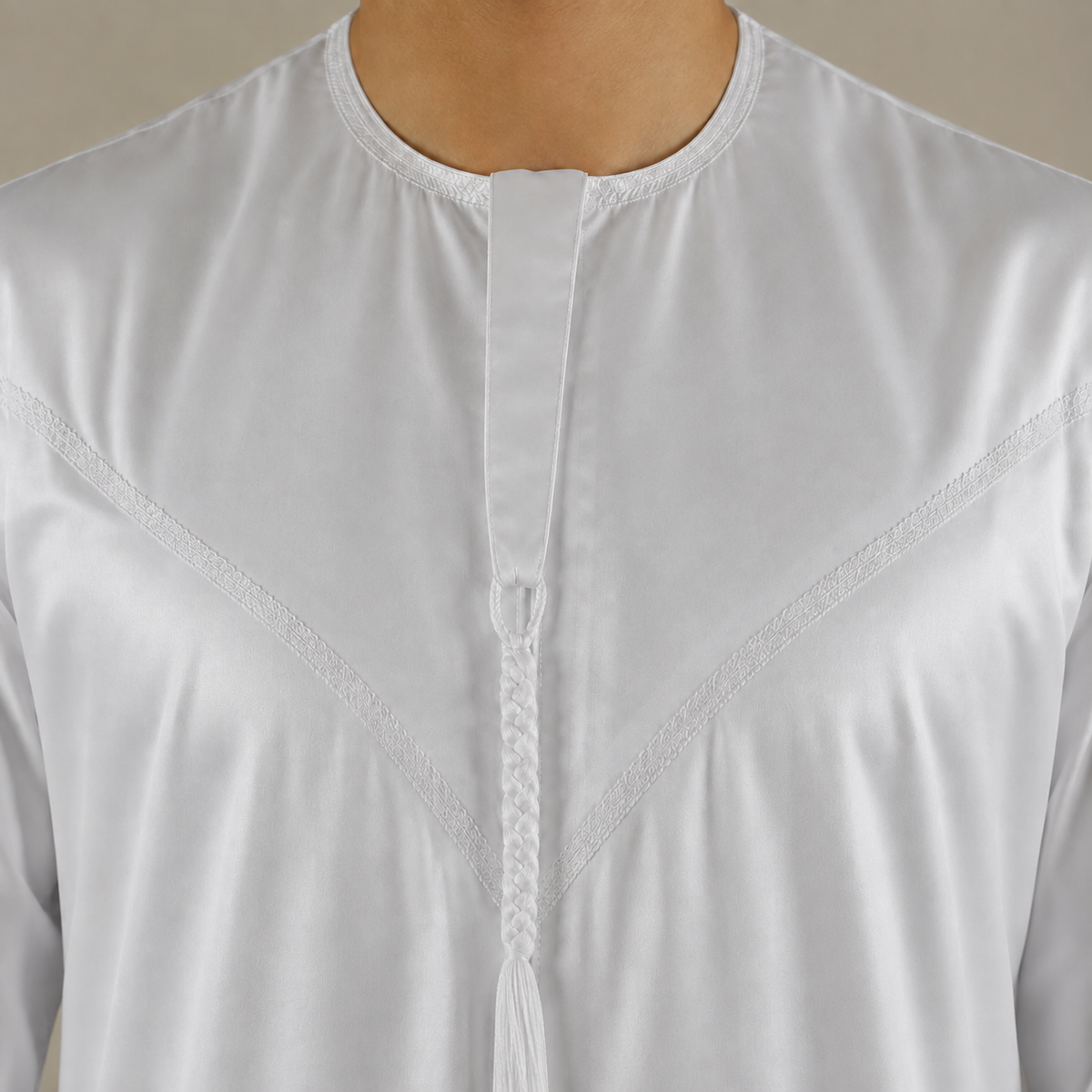 Silky white men's jubba thobe – tassel neckline detail